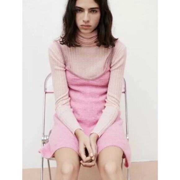 Zara Wool Alpaca Blend Mini Dress Size S Pink Embellished Straps Coquette Twee - Picture 2 of 13